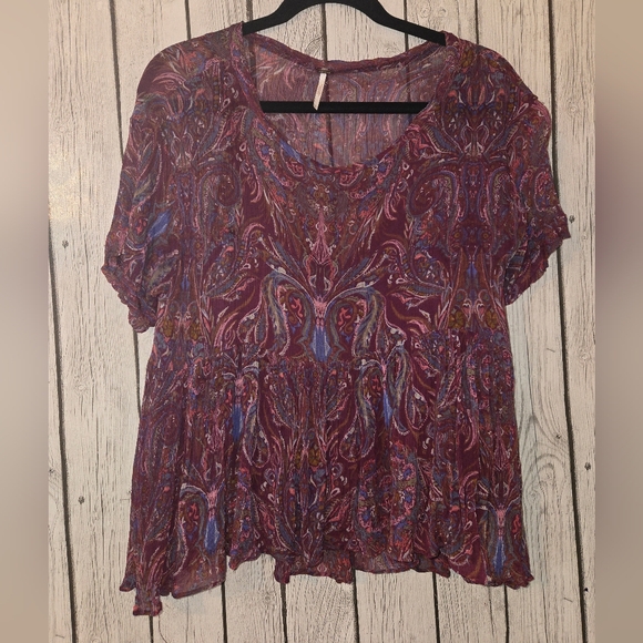 Free People Womens Paisley Purple Floral Boho Flowy Tunic Blouse Top Size Medium - Picture 5 of 7
